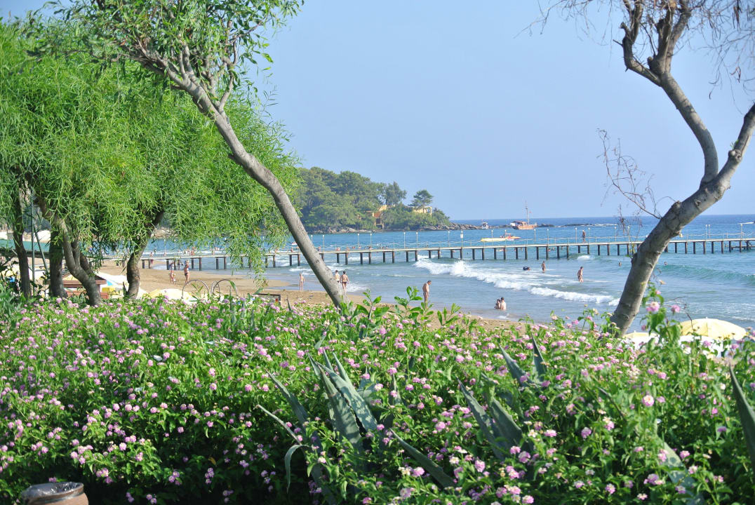 Pohled na pláž ze zahrady AQI Pegasos Club