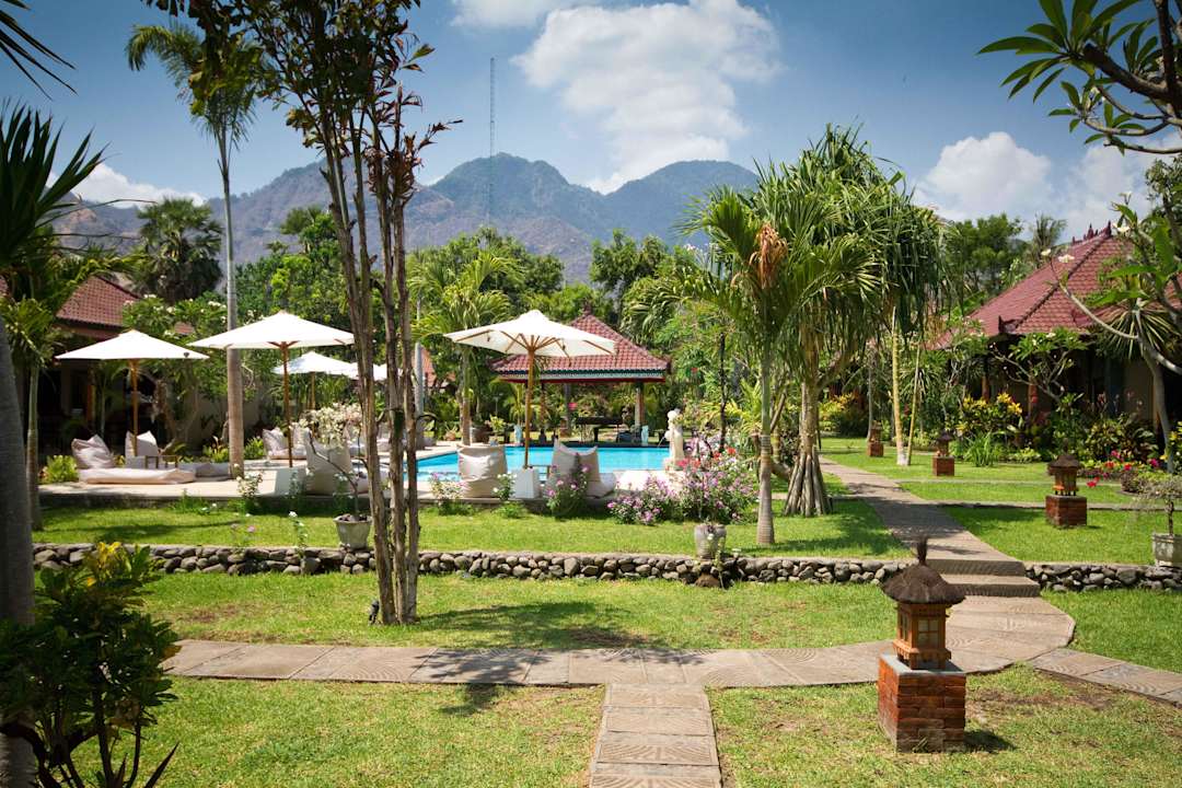 Blick auf die Berge und Pool mit Garten Tirtasari Bungalows