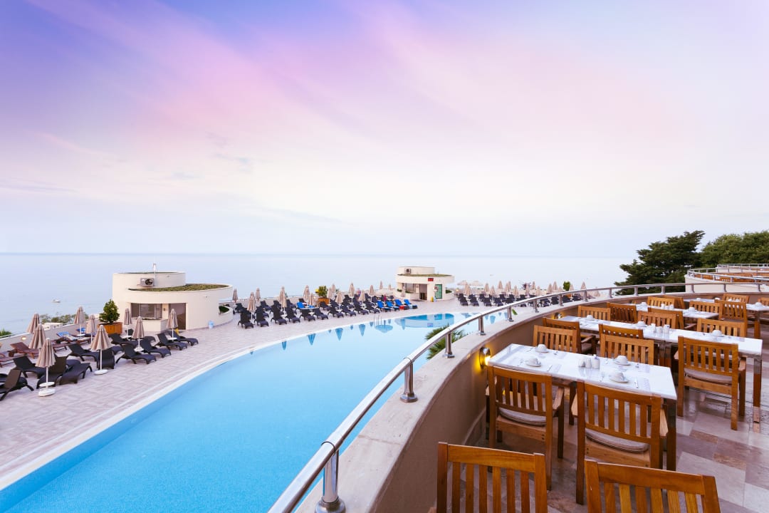 Pool from restaurant terrace Melas Resort Hotel