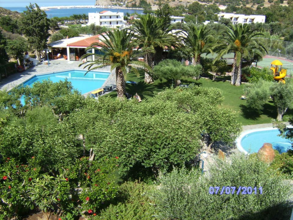 Blick auf Pool und Terrasse Paralos Irini Mare