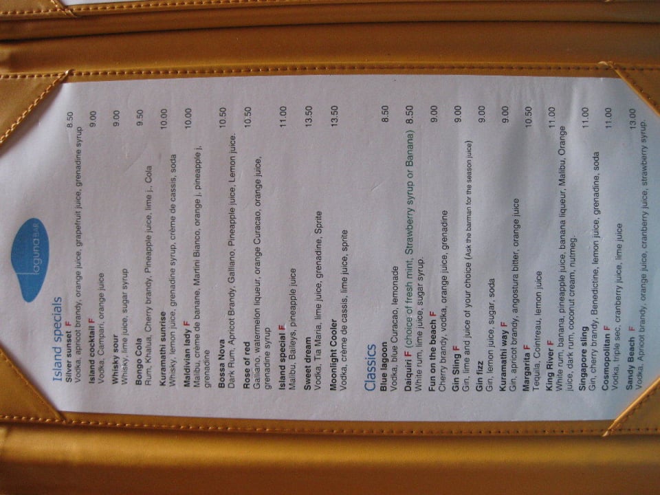 Getränkekarte - Bar Kuramathi Maldives