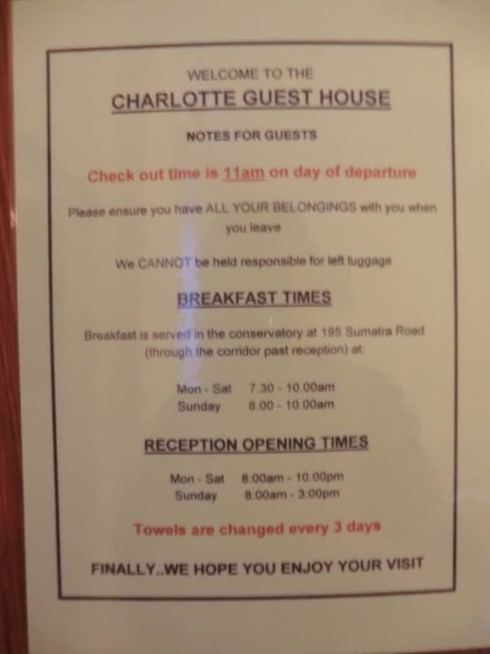 Aushang Charlotte Guest House