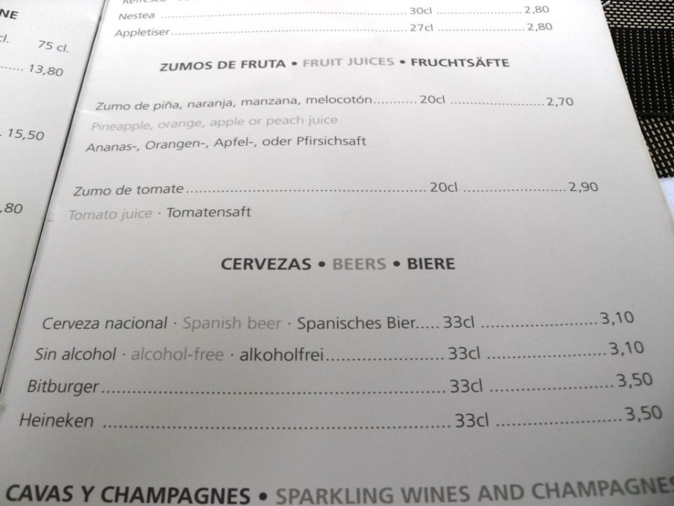 Getränkepreise beim Abendessen Restaurant Baobab Lopesan Baobab Resort