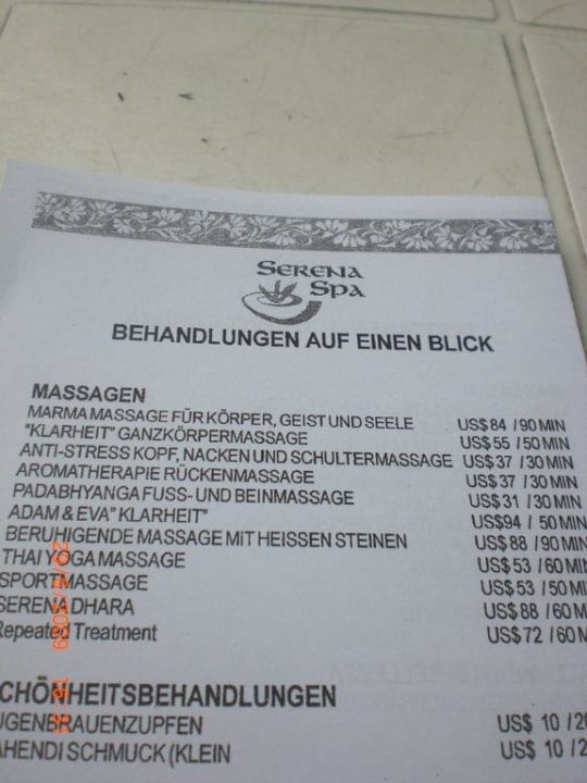 Preisliste für den SPA-Bereich Summer Island Maldives