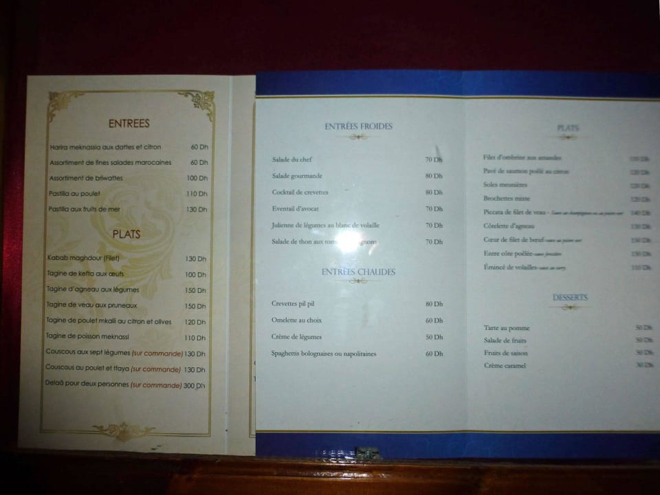 Speisekarte Hotel Transatlantique Meknes