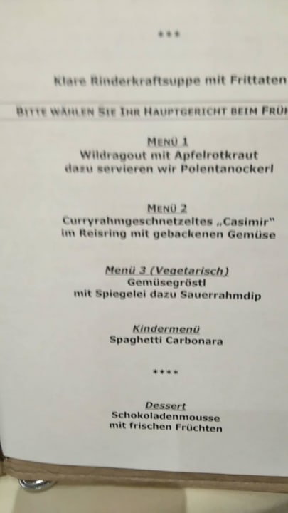 Menükarte Hotel Alphof Alpbach