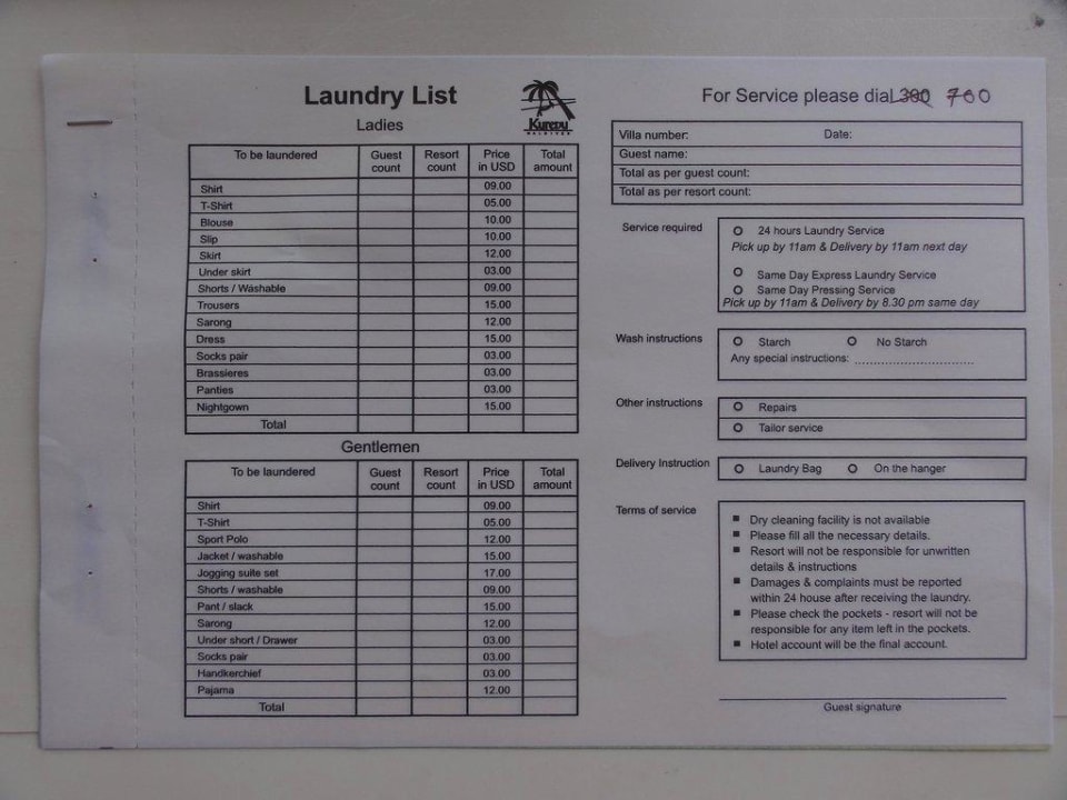 Laundry List.Preisliste Reinigungsservice Kuredu Island Resort & Spa