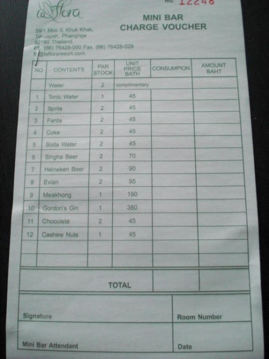 Preisliste Minibar La Flora Khao Lak