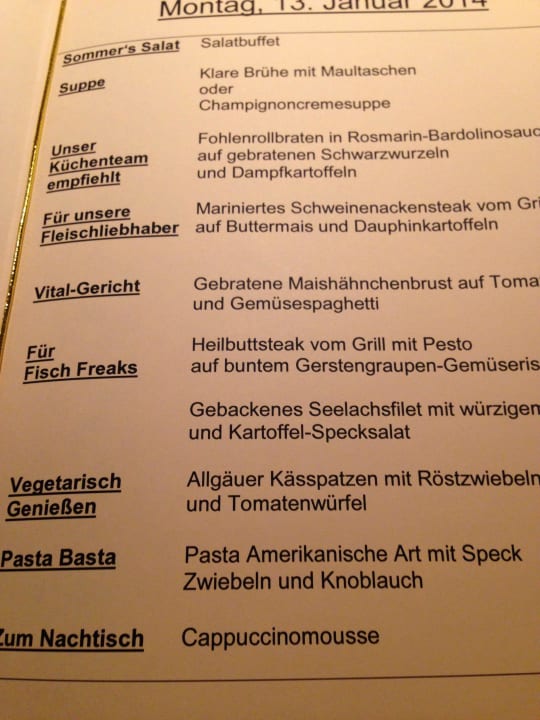 Speisekarte Hotel Sommer