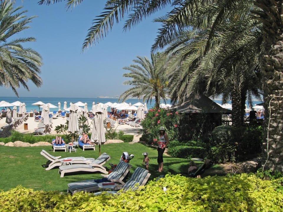 Garten mit Sonnenliegen am Hotelstrand Hilton Dubai Jumeirah