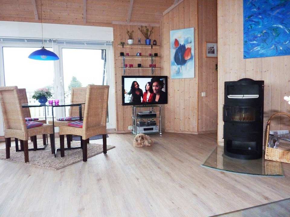 Ein Kaminofen mit Sichtfenster im oberen Stockwerk Lemke Ferienhäuser - Ferienhaus 1