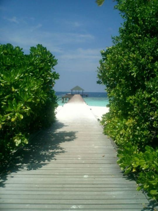 Blick von der Insel auf einen Steg Adaaran Select Meedhupparu Island Resort - Premium All Inclusive