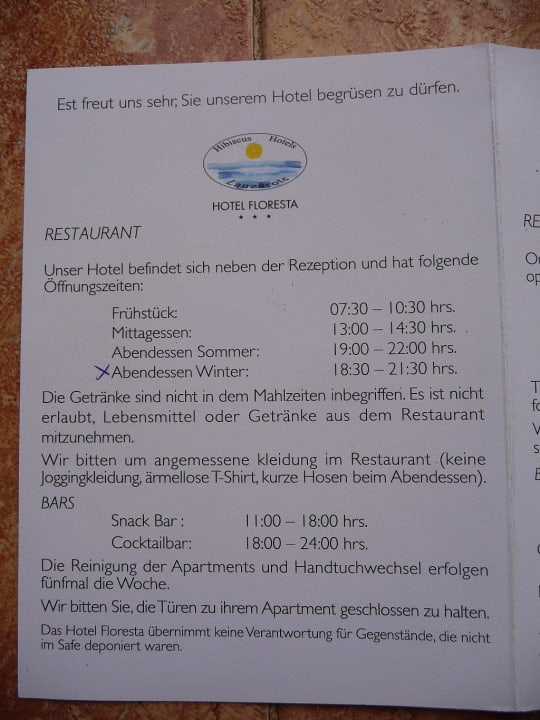 Restaurantöffnungszeiten im Juli galt noch Winter Hotel Floresta