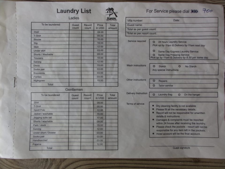 Reinigungs Preisliste Kuredu Kuredu Island Resort & Spa