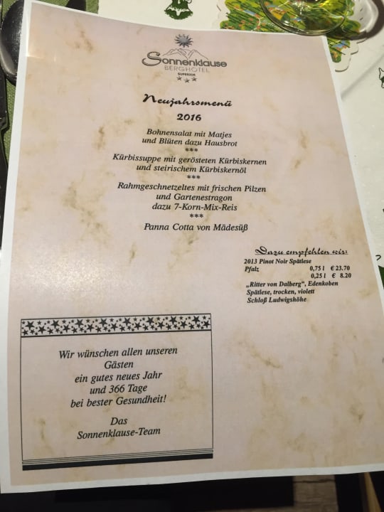 Speisekarte Neujahr Berghotel Sonnenklause