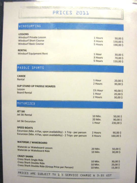 Preisliste der überteuerten Wassersportarten Adaaran Select Hudhuran Fushi - Premium All Inclusive