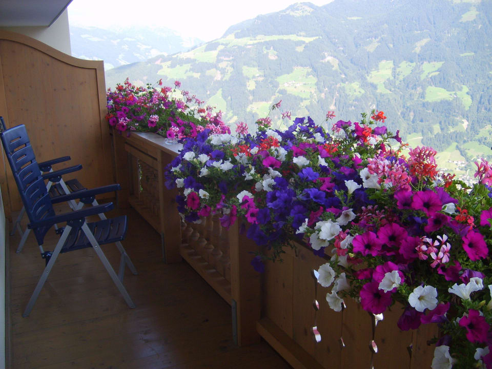 Balkon mit wunderschönen Blumen Hotel Gletscherblick