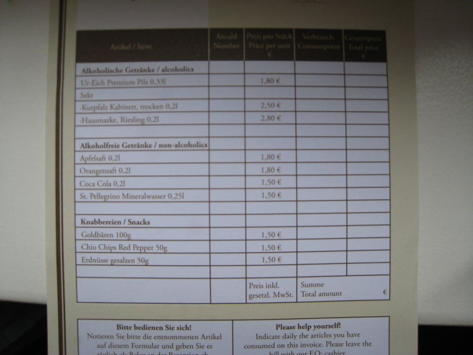 Preisliste Minibar Altstadthotel 1735