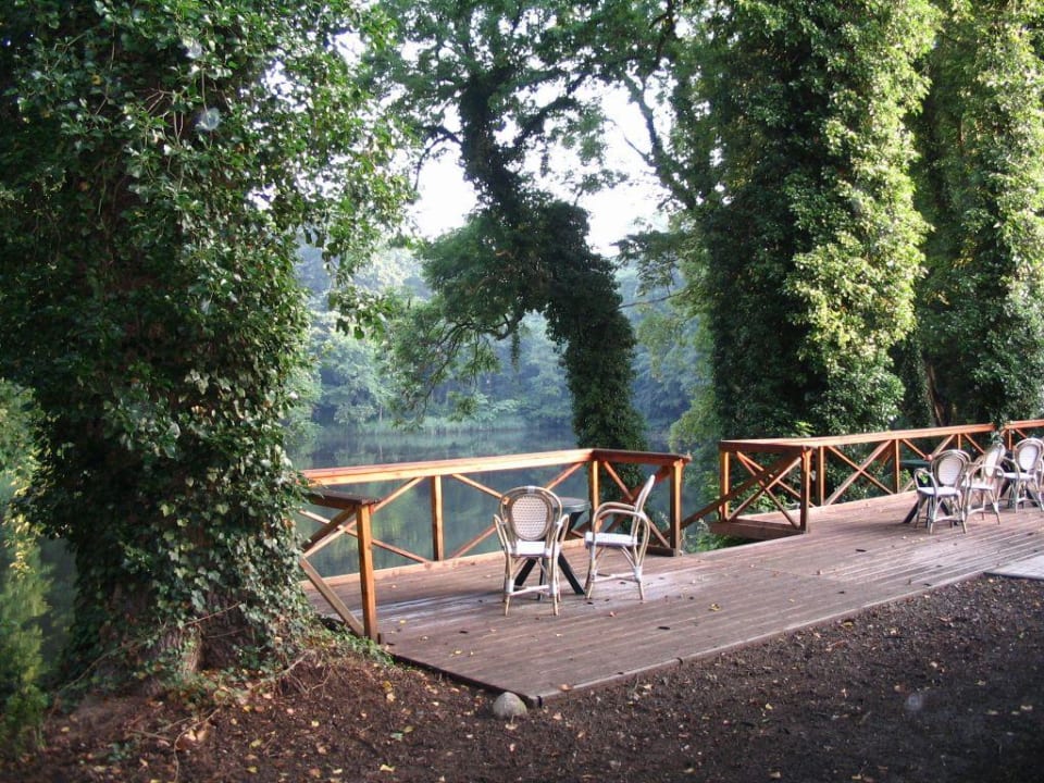 Blick vom Zimmer auf die Terrasse am See Hotel Carmina am See