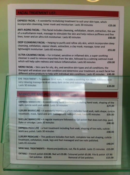 Preisliste Maniküre usw. Hyatt Regency London Stratford