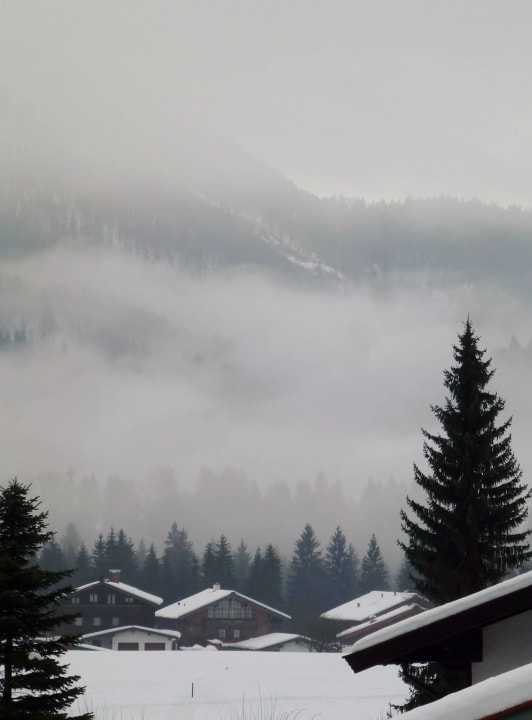 "guten Morgen" Blick auf nebenverhangene Berge Hotel Zum Postillion