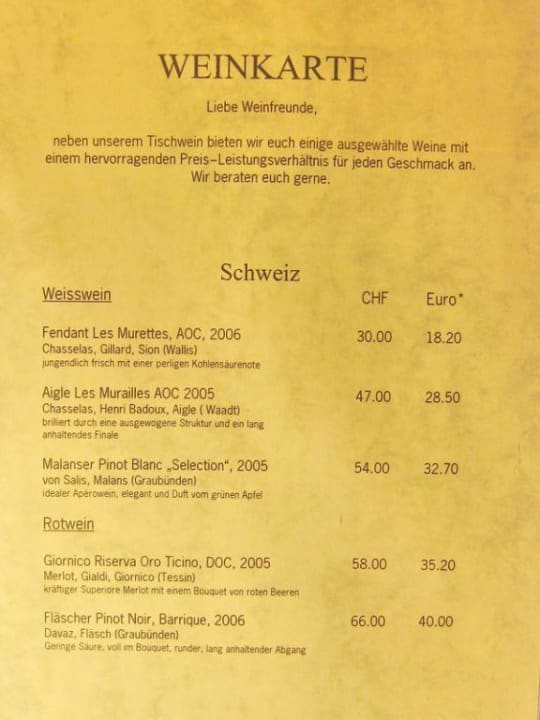 RC Schweizerhof, Weinkarte S.1 Aldiana Club Schweizerhof (Im Umbau/Renovierung)