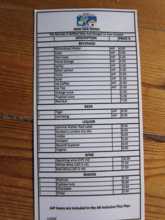 Preisliste der Minibar  Meeru Maldives Resort Island