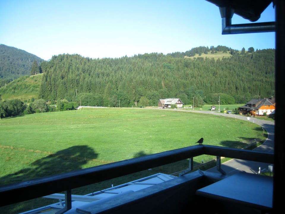 Die langgezogene Straßenkurve vor unserem Balkon Hotel Landgasthof Bergblick