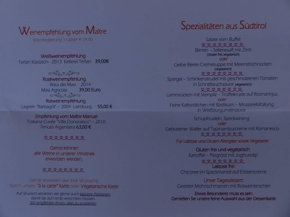 Beispiel eines Menüs Hotel Ansitz Plantiz