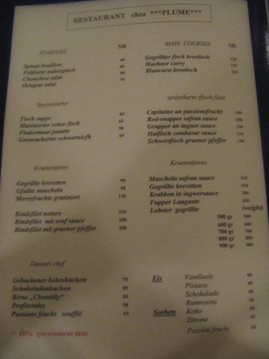 Speisekarte (Restaurant Chez Plume) Auberge D'Anse Boileau