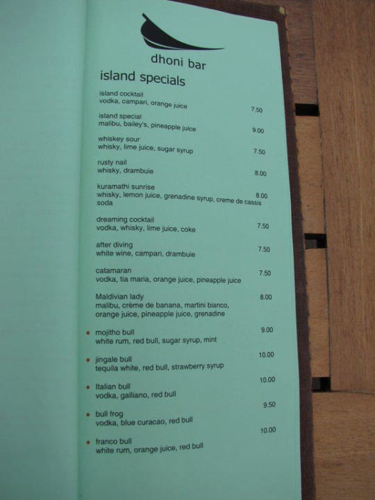 Getränkekarte Dhoni-Bar Kuramathi Maldives