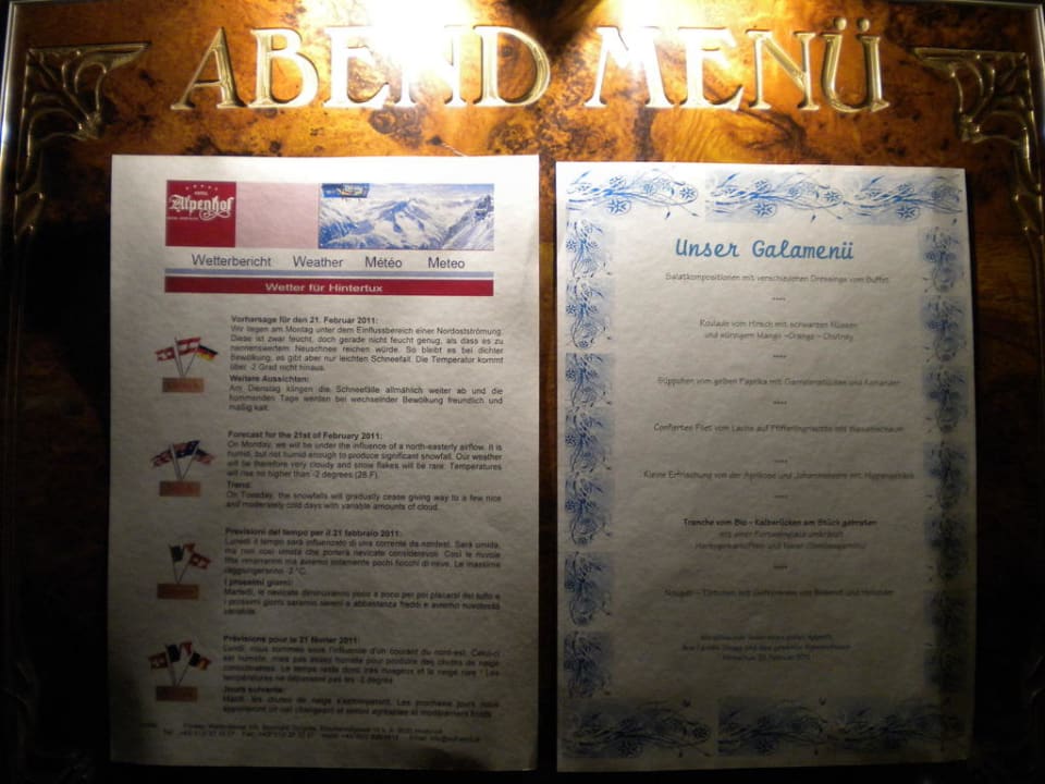 Menu options Hotel Alpenhof
