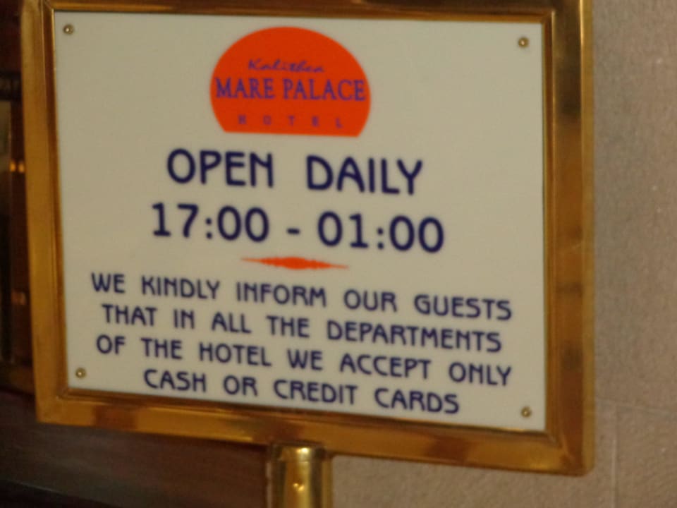 Empfangsschild in der Lobby Bar Hotel Kalithea Horizon Royal