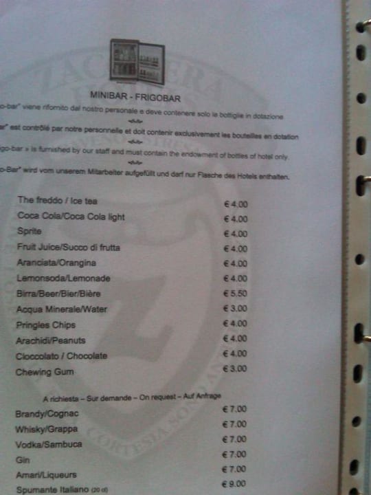 Minibar - die Preisliste Grand Hotel Bristol