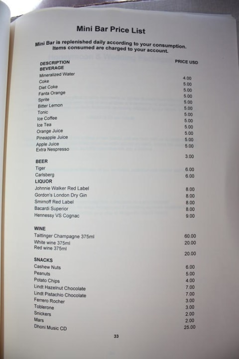 Mini Bar Price List Veligandu Maldives Resort Island