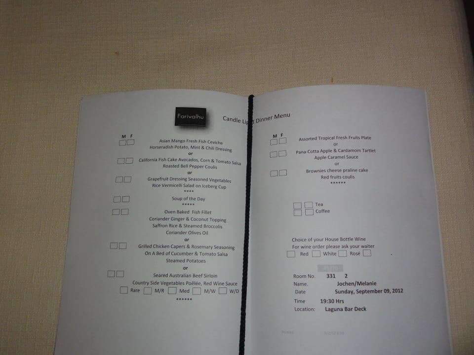 Menü Auswahl für Candlelight Dinner Kuramathi Maldives