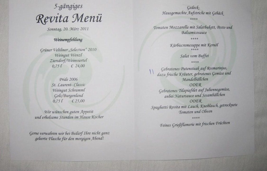 Menükarte Revita Hotel Kocher