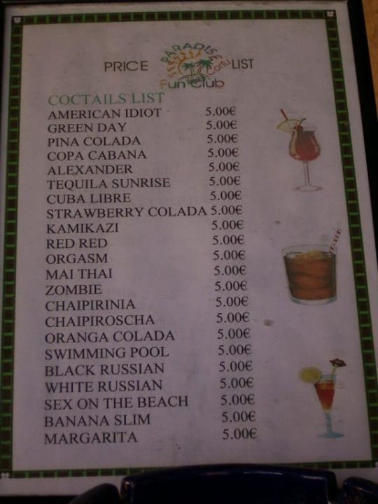 Cocktailkarte Paradise Hotel Corfu