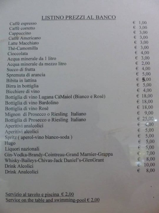 Bar - Getränkekarte Hotel Residence Relais Du Lac