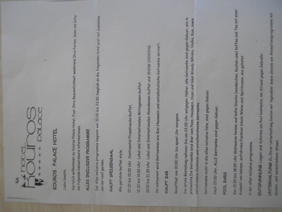 Infoblatt mit Essenszeiten etc. Hotel Kouros Palace