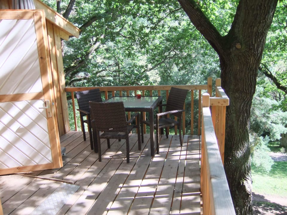 Außenbereich mit Sitzmöbeln und Sonnenschirm Wipfelglück Baumhaushotel