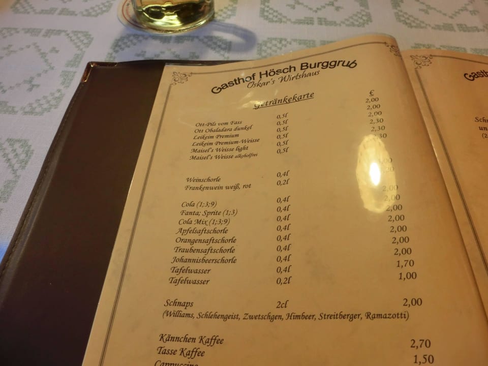 Ein kleiner Teil der Getränkekarte Gasthof Hösch