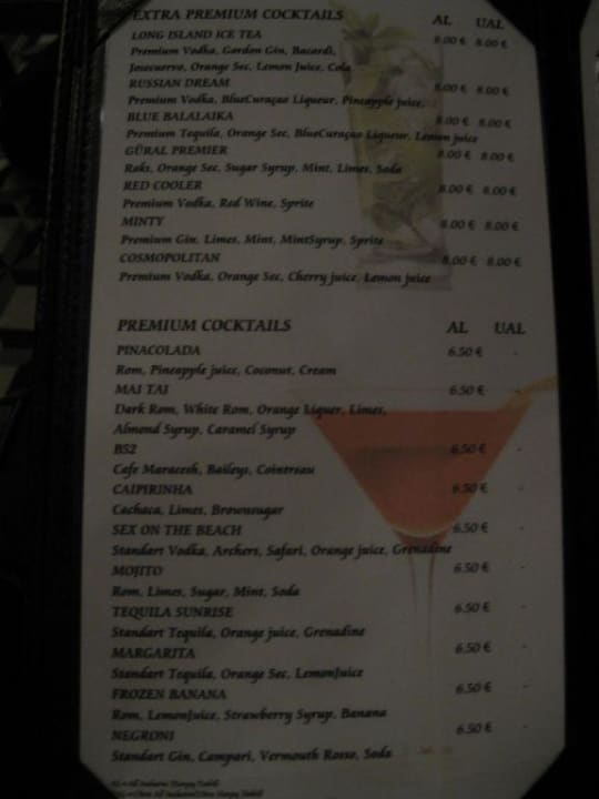 Getränkekarte der Cocktails mit Preisen Güral Premier Tekirova