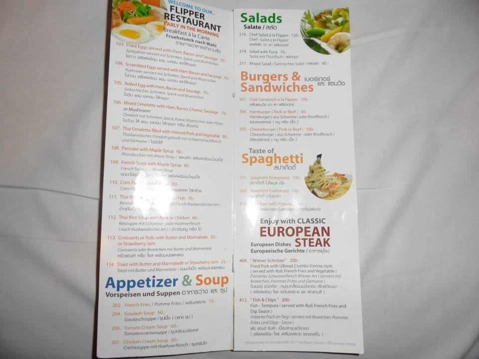 Speisekarte Roomservice Hotel Flipper House