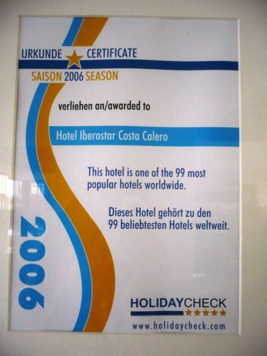 Auszeichnung in der Hotelhalle Hotel Costa Calero
