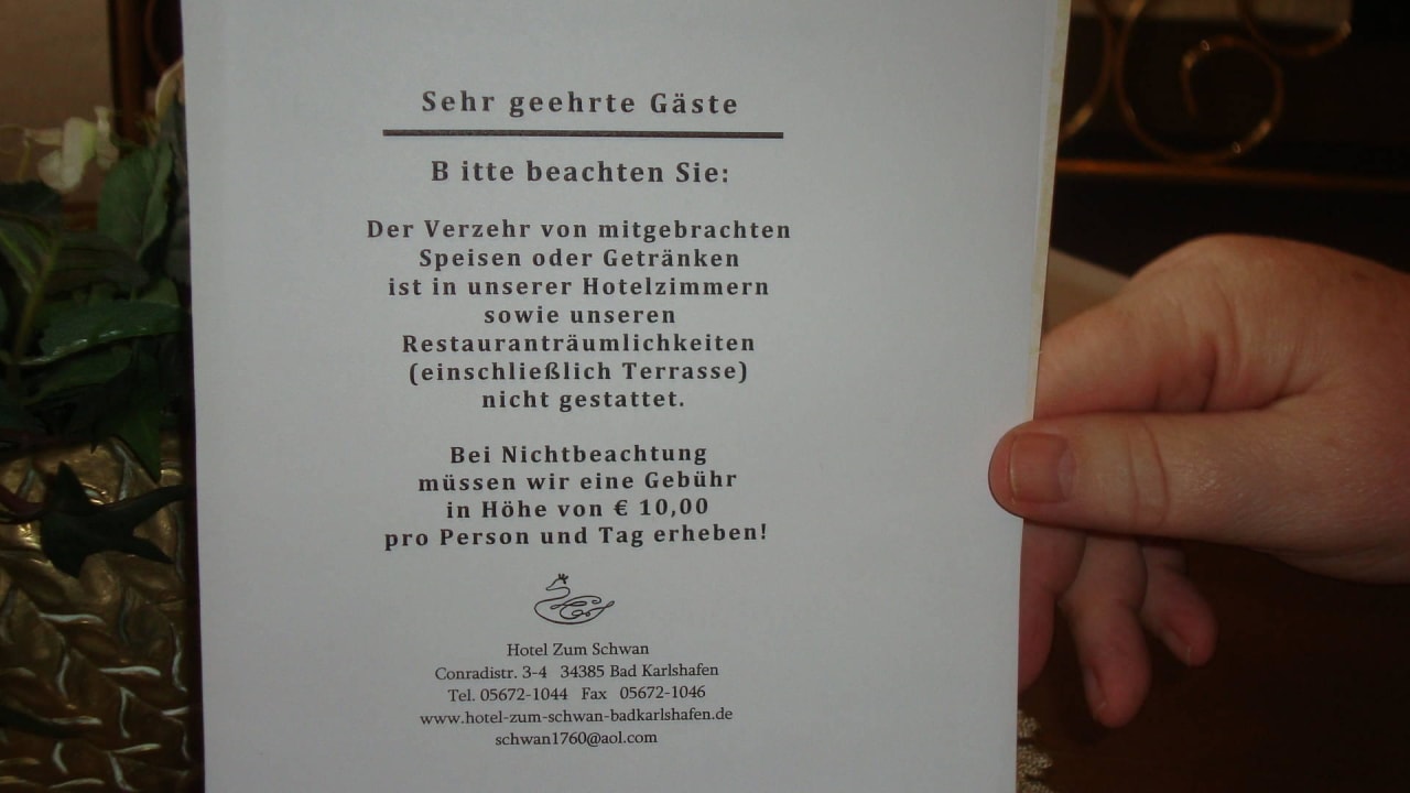 Diesen Zettel bekam jeder Gast ausgehändigt Hotel zum Schwan