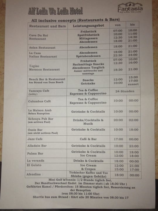 Restaurants & Bars + Öffnungszeiten Pickalbatros Alf Leila Wa Leila Resort - Neverland Hurghada