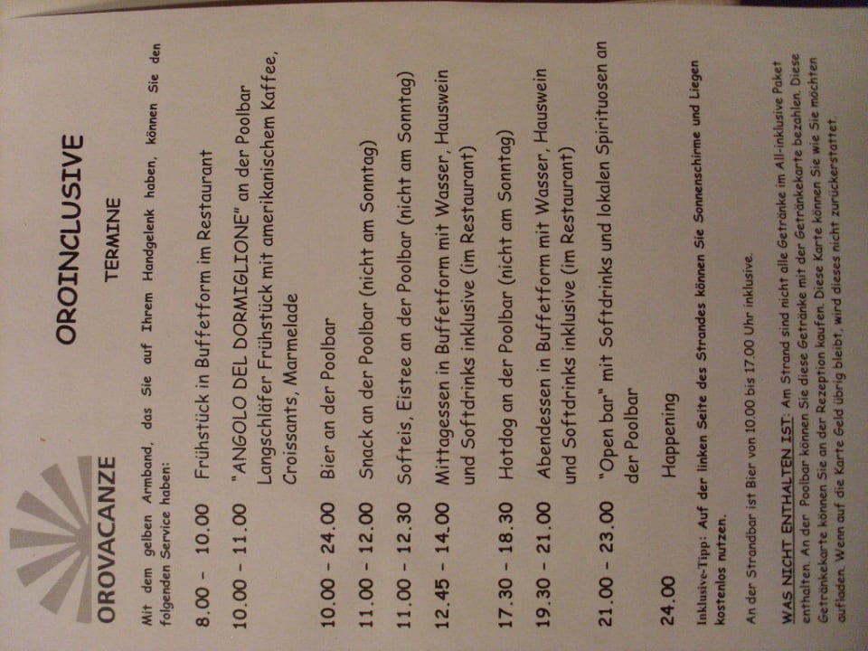 Time-Table TH Pizzo Calabro - Porto Ada