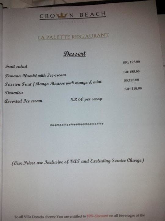 Speisekarte des benachbarten Hotels Villa Dorado