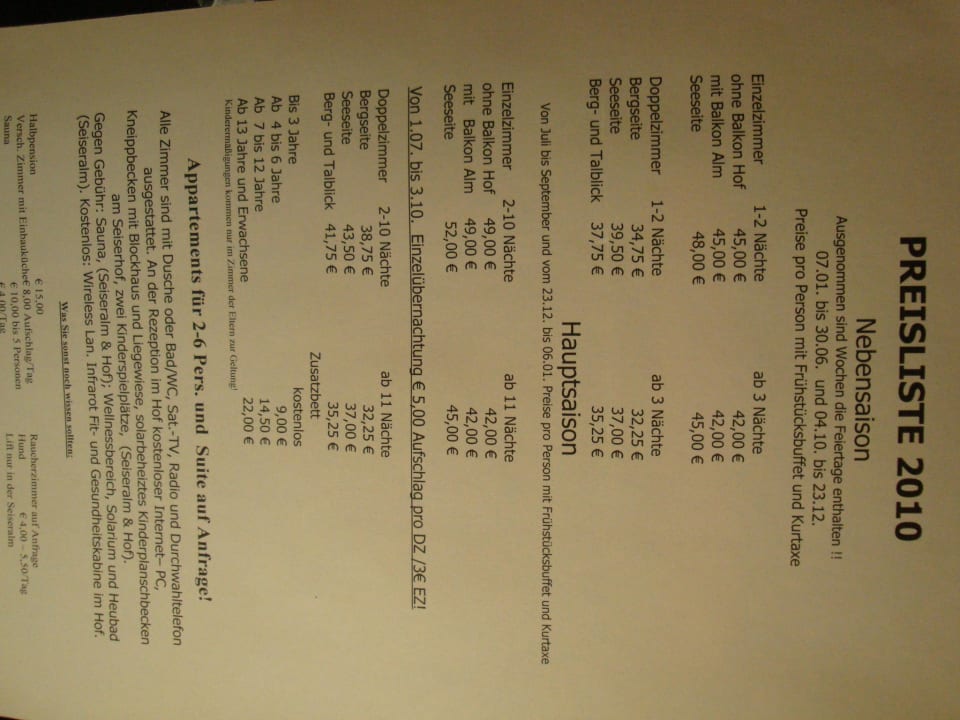 Preisliste von Januar 2010 an der Rezeption Hotel Seiseralm & Hof